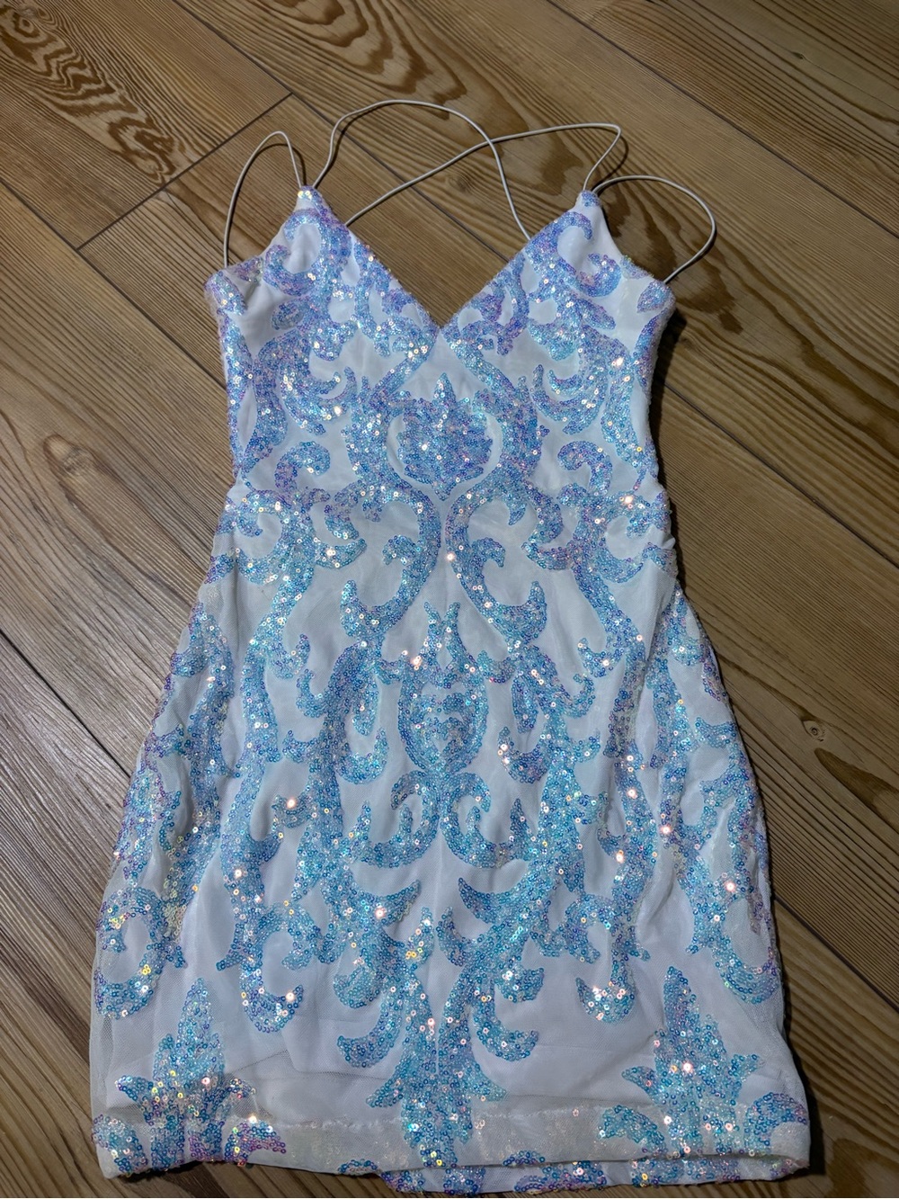 Darling White Mini Dress with Iridescent Blue Sequin Scrolls